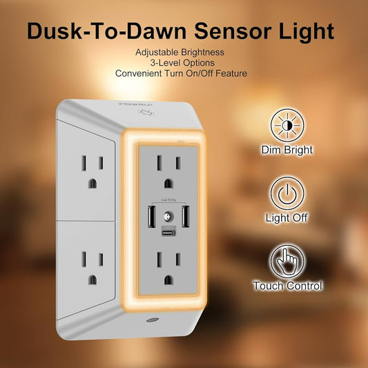 Power Outlet Extender , Outlets with 2 USB Ports & Night Light, 3-Sided Multi Plug Wall Outlet with Spaced Outlets